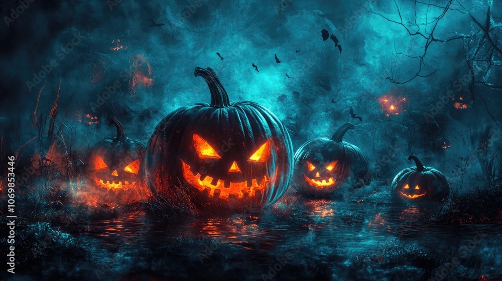 Naklejka premium Spooky Halloween Jack-o'-Lanterns in a Dark Swamp – Eerie Glowing Pumpkins with Sinister Faces and Creepy Lighting, Perfect for Halloween, Horror, and Spooky-Themed Designs, Illustrations