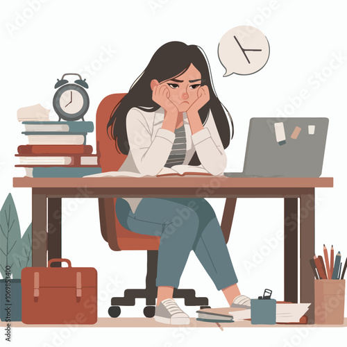 Bored woman sitting at desk. Tired sad office worker. Procrastination, burnout and boredom concept. Depressed upset exhausted lazy student. Flat vector illustration isolated on white background