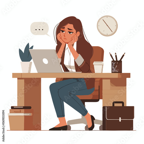 Bored woman sitting at desk. Tired sad office worker. Procrastination, burnout and boredom concept. Depressed upset exhausted lazy student. Flat vector illustration isolated on white background