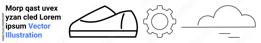 Vector drawing of a shoe, gear, cloud, and placeholder text element. Ideal for technology, cloud computing, automation, e-commerce, branding, website, and innovative design. Landing page Vector drawing of a shoe, gear, cloud, and placeholder text element. Ideal for technology, cloud computing, automation, e-commerce, branding, website, and innovative design. Landing page
