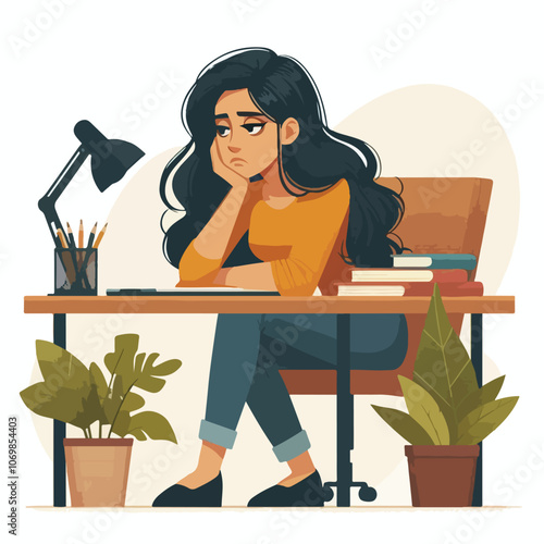 Bored woman sitting at desk. Tired sad office worker. Procrastination, burnout and boredom concept. Depressed upset exhausted lazy student. Flat vector illustration isolated on white background