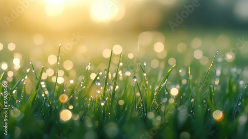 Morning dew glistening on vibrant spring grass, capturing the freshness of a new day and the beauty of nature's awakening