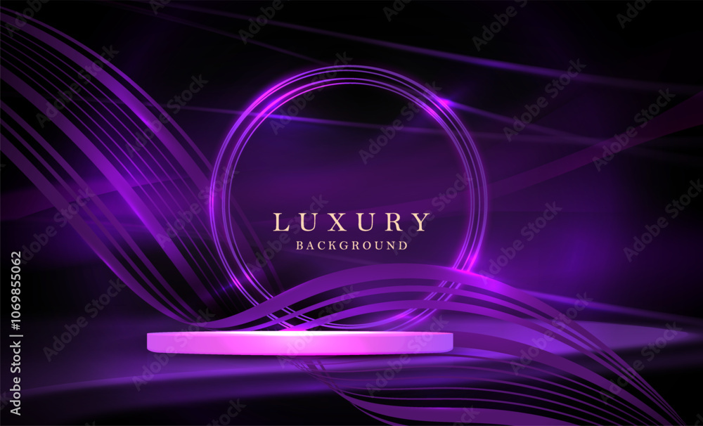 Purple round frame and podium with ribbons and glitter on black background. Purple round frame and podium with ribbons and glitter on black background.