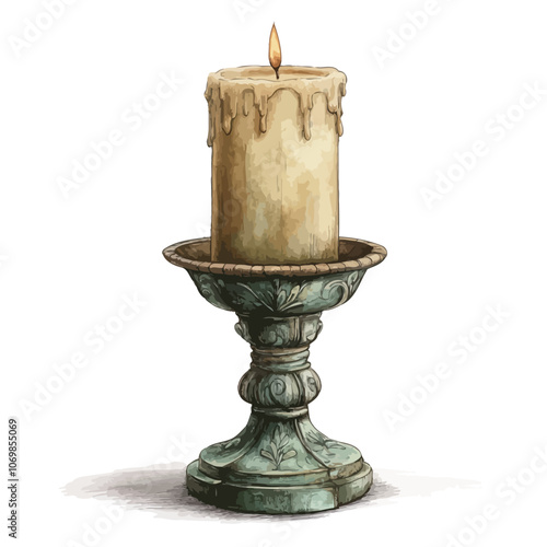 Vintage candlestick with burning candle isolated on white background.