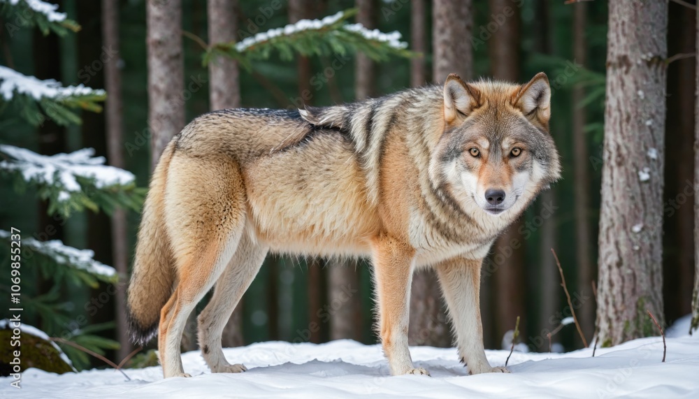 Gray wolf, Canis lupus in the winter forest. Wolf in the nature habitat Gray wolf, Canis lupus in the winter forest. Wolf in the nature habitat