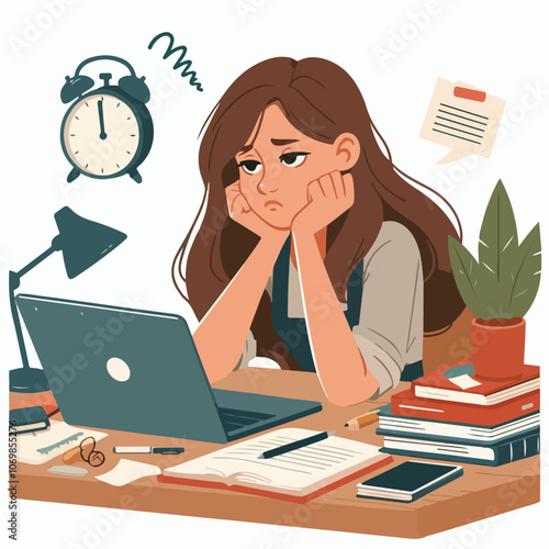 Bored woman sitting at desk. Tired sad office worker. Procrastination, burnout and boredom concept. Depressed upset exhausted lazy student. Flat vector illustration isolated on white background