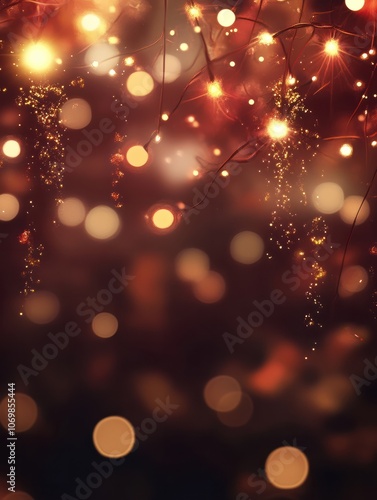 New Year's lights gold and dark red colors bokeh background with glowing number 2025 and fireworks. Happy New Year concept for 2025. photo