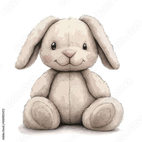 Vintage soft toy rabbit on a light background. Hand-drawn illustration