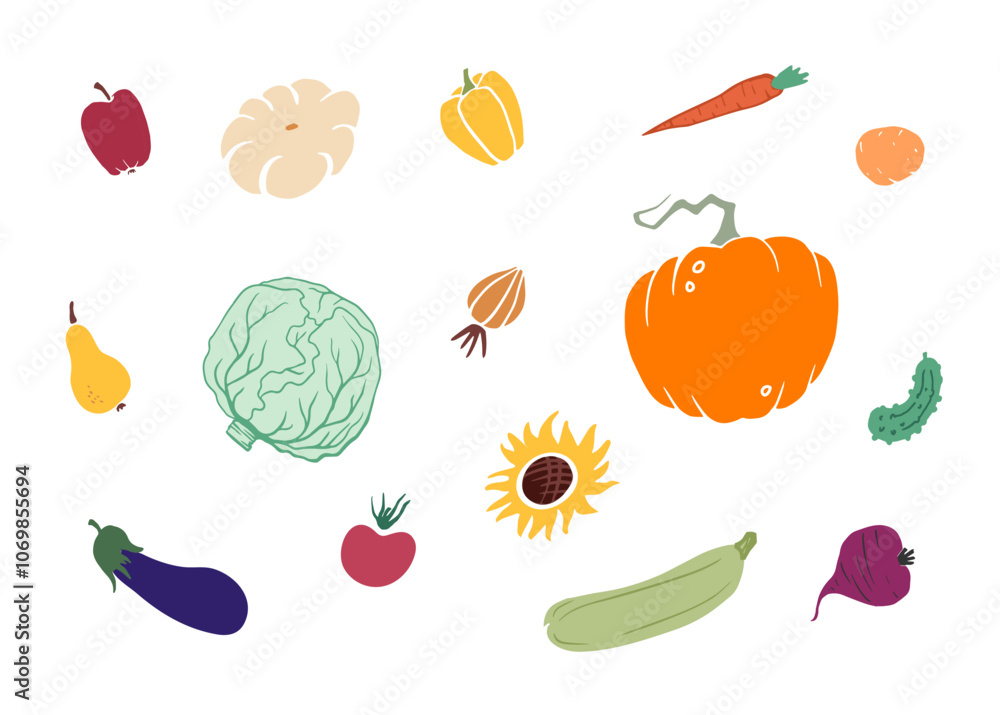 harvest fruits and vegetables arranged on white background. Silhouette style apples, pumpkins, carrots for autumn harvest illustration, poster, banner, garden promotions or eco-friendly campaigns. harvest fruits and vegetables arranged on white background. Silhouette style apples, pumpkins, carrots for autumn harvest illustration, poster, banner, garden promotions or eco-friendly campaigns.