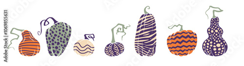 stylized gourds and pumpkins set with patterns like stripes and spots in earthy tones of orange, purple, and beige, ideal for autumn-themed decor and seasonal promotions.