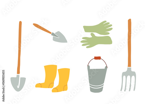 gardening tools such as a shovel, fork, bucket, gloves, boots, and trowel. These tools are stylized in a simple, colorful design, ideal for gardening, farming, or harvest-themed use.
