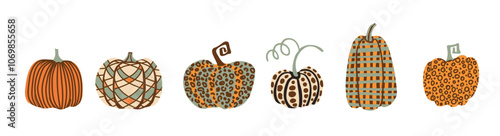 collection of stylized gourds and pumpkins featuring stripes and spots in earthy tones of orange, purple, and beige, perfect for autumn-themed decorations and seasonal promotions.