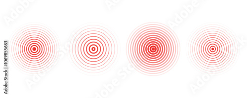 Concentric ripple circles set. Seismic Earthquake alert radar. Radial signal, sonar wave, soundwave rings. touch effect or pulse