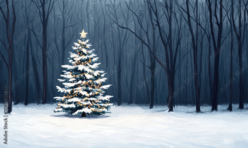 Fototapeta premium A beautifully decorated Christmas tree surrounded by a serene, snowy forest in a winter wonderland setting.