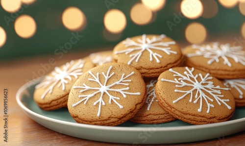 Delicious gingerbread cookies decorated with white icing on green and blurred bokeh background.