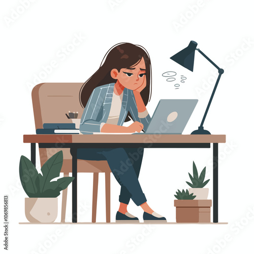 Bored woman sitting at desk. Tired sad office worker. Procrastination, burnout and boredom concept. Depressed upset exhausted lazy student. Flat vector illustration isolated on white background