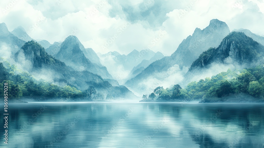 Serene Watercolor Landscape of Mountains and River Serene Watercolor Landscape of Mountains and River