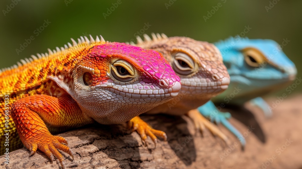 Vibrant lizards basking on a sunlit branch, showcasing vivid colors and intricate patterns, AI Vibrant lizards basking on a sunlit branch, showcasing vivid colors and intricate patterns, AI