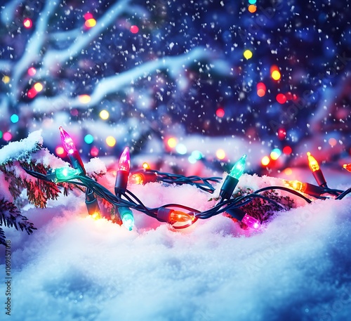 Colorful Christmas lights twinkle in the snow at dusk. A string of colorful C7 Christmas lights lies in the snow, leading the eye towards a blurred Christmas tree and bokeh lights in the background. photo