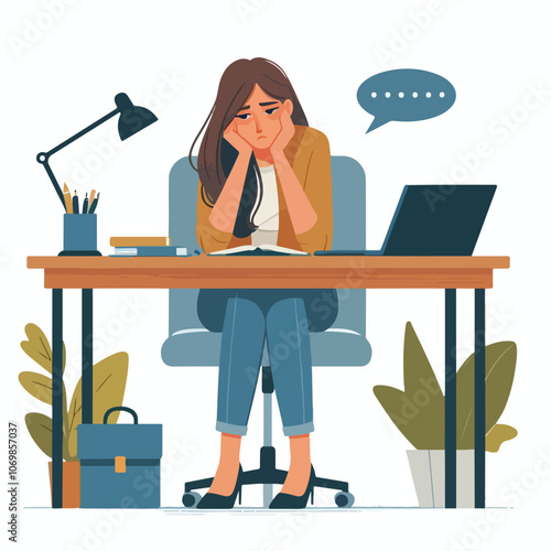 Bored woman sitting at desk. Tired sad office worker. Procrastination, burnout and boredom concept. Depressed upset exhausted lazy student. Flat vector illustration isolated on white background