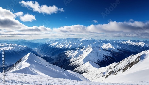 Majestic snow-capped mountain range under clear blue sky with fluffy clouds