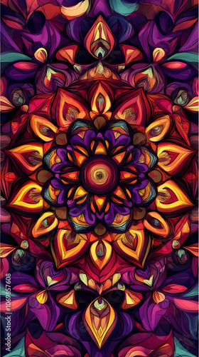 A colorful symmetrical mandala design with intricate details.