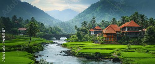 Illustration of a typical Indian village between palm trees and fields, Generative AI image.