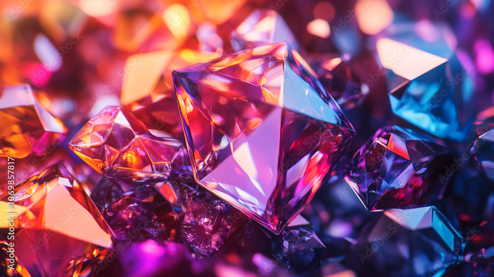 Colorful sparkling crystals illuminated by soft light in an artistic arrangement Colorful sparkling crystals illuminated by soft light in an artistic arrangement