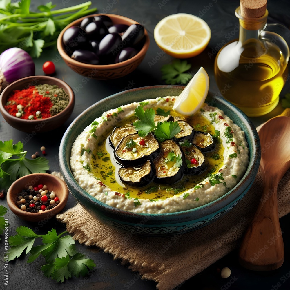 Middle Eastern baba ganoush with fresh herbs and olive oil. baba ganoush, Middle Eastern, eggplant, dip, healthy snack Middle Eastern baba ganoush with fresh herbs and olive oil. baba ganoush, Middle Eastern, eggplant, dip, healthy snack