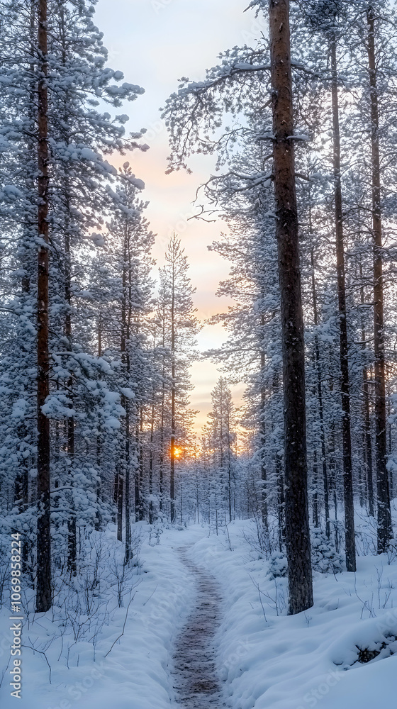 A snowy forest path with a golden sunrise in the distance. A snowy forest path with a golden sunrise in the distance.