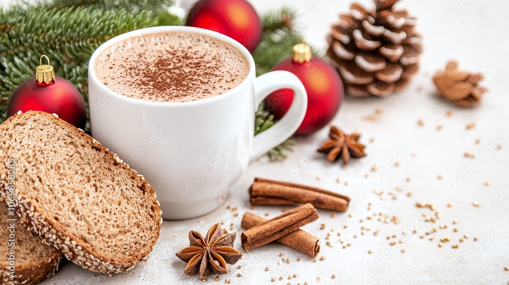 Cozy christmas home and bread concept. A cozy winter scene featuring a cup of steaming coffee alongside cookies, cinnamon sticks, and festive decorations, evoking holiday warmth and comfort. Cozy christmas home and bread concept. A cozy winter scene featuring a cup of steaming coffee alongside cookies, cinnamon sticks, and festive decorations, evoking holiday warmth and comfort.