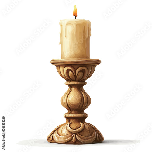 Wooden candlestick with burning candle isolated on white background. 