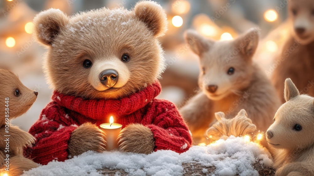 Adorable teddy bear in a red sweater holding a candle, surrounded by plush animals, AI Adorable teddy bear in a red sweater holding a candle, surrounded by plush animals, AI