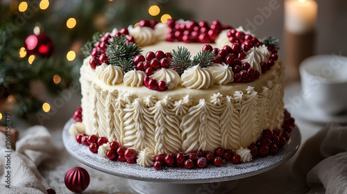 beautifully decorated Christmas cake with festive decorations, featuring white frosting and red berries, sits on table surrounded by holiday lights and ornaments