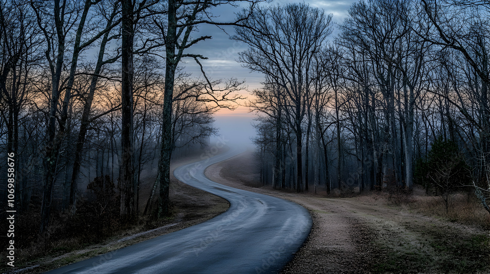 A winding road through a misty forest at sunrise. A winding road through a misty forest at sunrise.