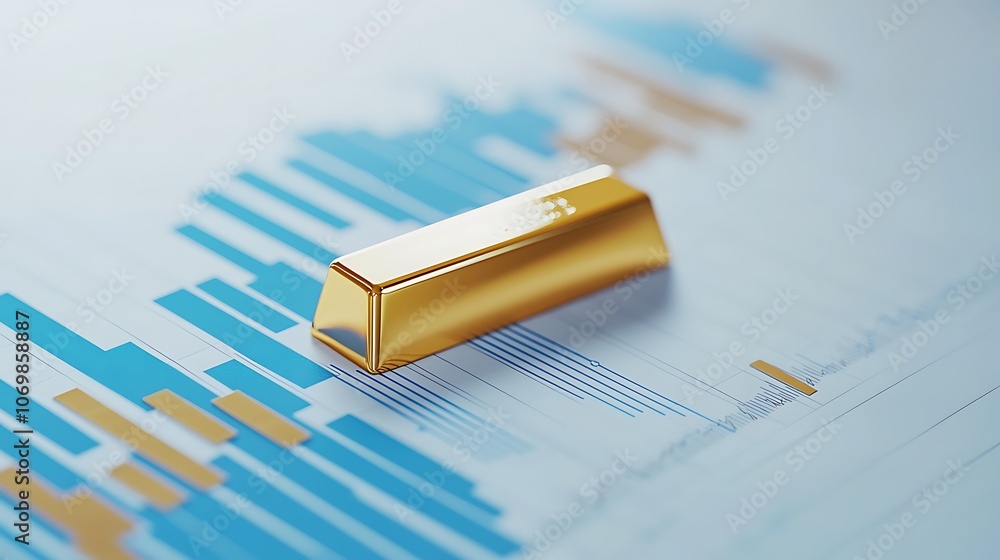 Fototapeta premium A gold bar is on top of a graph with blue and yellow lines