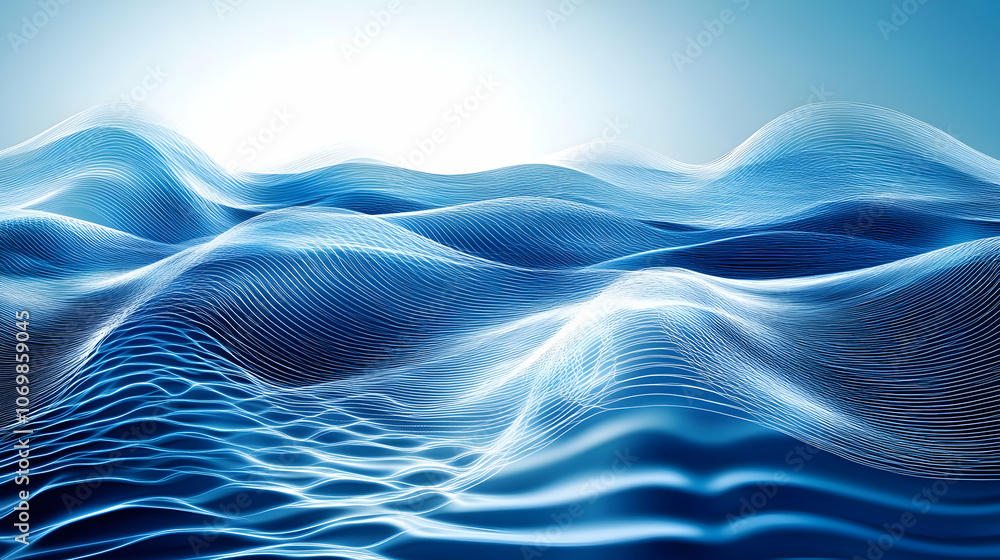 Abstract blue wave background with light and dark blue colors creating a digital landscape. Abstract blue wave background with light and dark blue colors creating a digital landscape.