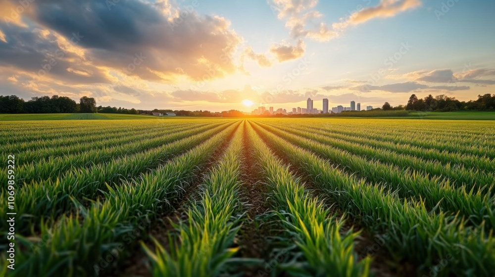 Vibrant Skyline Overlapping Green Fields at Sunset Vibrant Skyline Overlapping Green Fields at Sunset