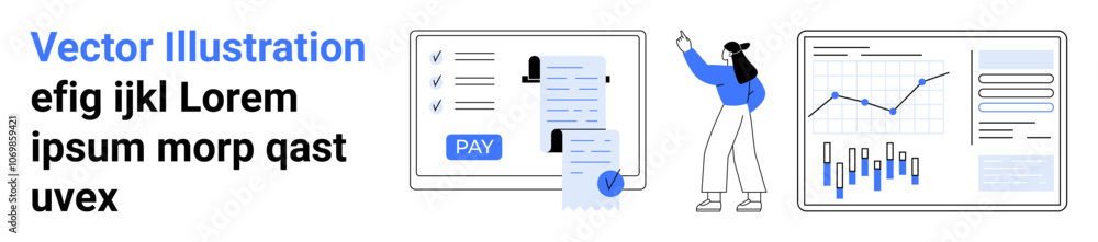 Features person analyzing financial graphs on a screen, a secure payment processing interface, and performance charts. Ideal for finance, data analysis, secure transactions, business management Features person analyzing financial graphs on a screen, a secure payment processing interface, and performance charts. Ideal for finance, data analysis, secure transactions, business management