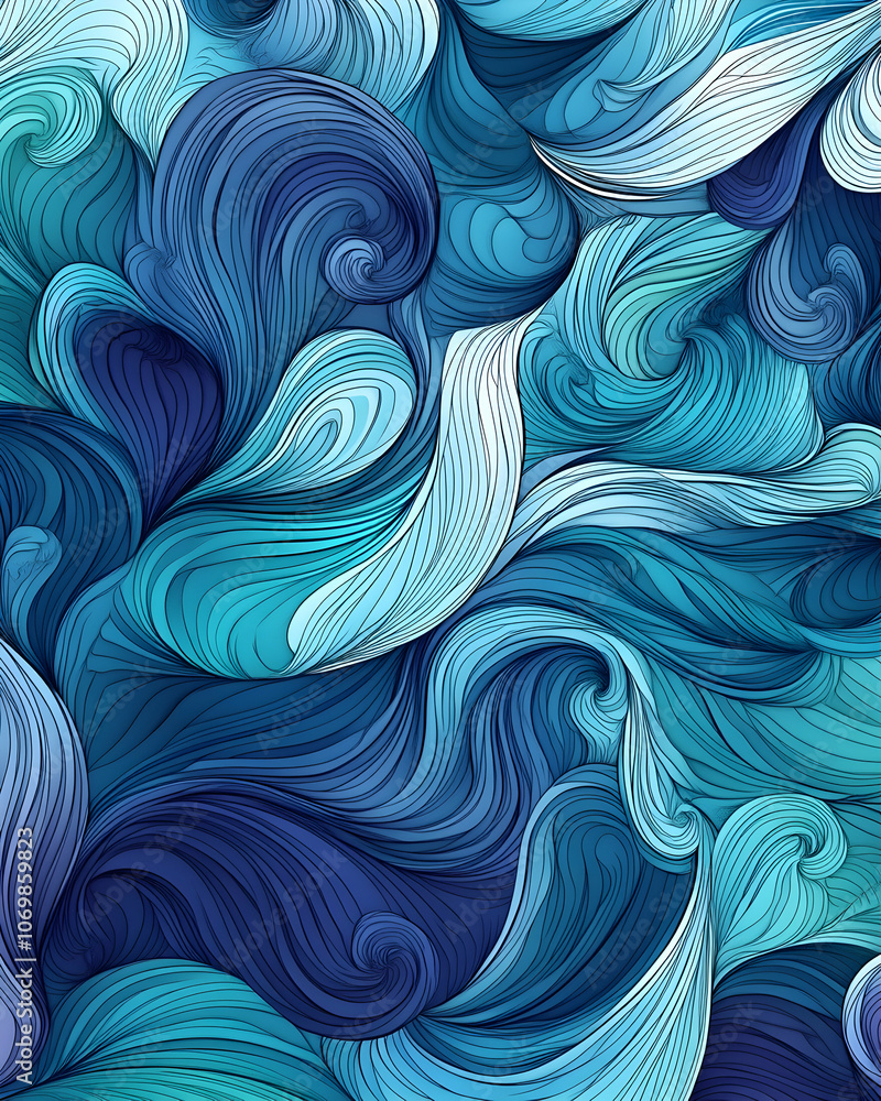 Abstract seamless pattern with blue and teal swirls and waves. Abstract seamless pattern with blue and teal swirls and waves.