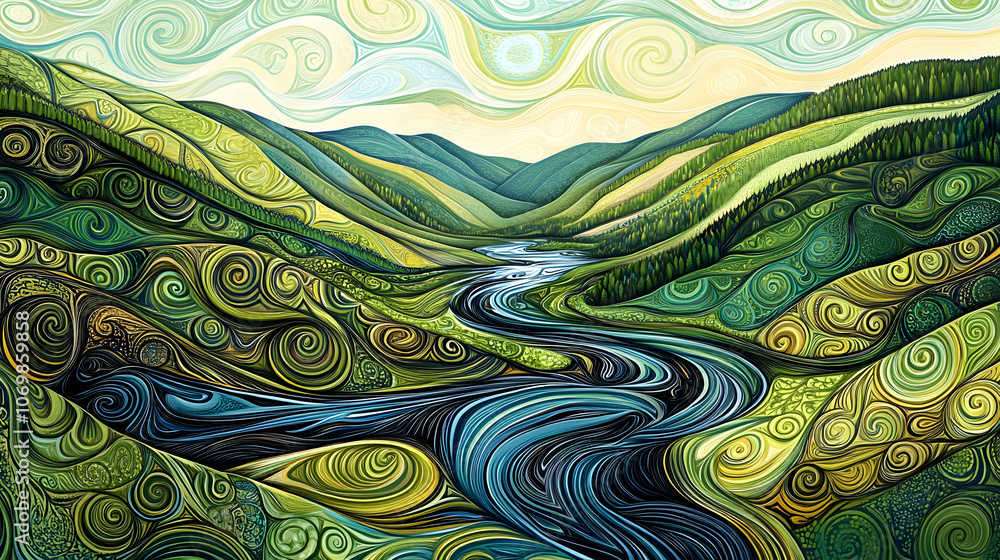 Abstract swirl art illustration of a river winding through green hills. Abstract swirl art illustration of a river winding through green hills.