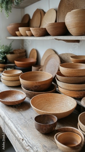 Intricately crafted wooden bowls of various sizes and shapes are neatly arranged on rustic shelves, showcasing a warm and inviting atmosphere