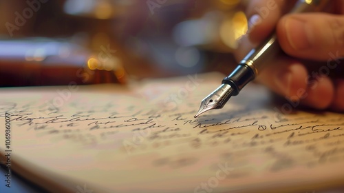 Close-up of a Fountain Pen Writing on Paper - Elegant Handwriting and Classic Stationery