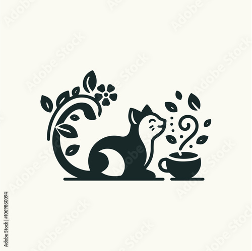 Silhouette of a cat with a cup of coffee and floral design. photo