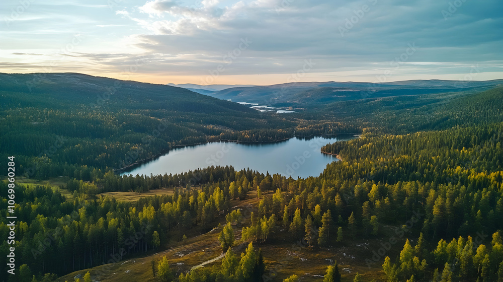 Naklejka premium Aerial view of a serene lake surrounded by lush green forest and rolling hills under a cloudy sky.
