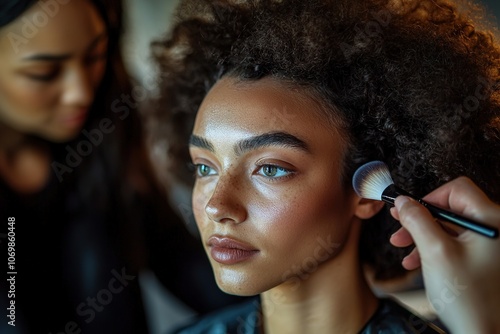 Makeup artist applying blush to model's cheek photo