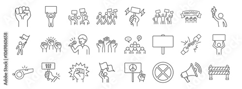 Protest, activism line icon set. Vector pictograms of raised fists, placard, march, demonstration, civil rights, freedom of speech thin linear illustration.