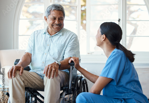 Φωτογραφία Nurse, man with a disability and smile for wheelchair, healthcare and support with assisted living