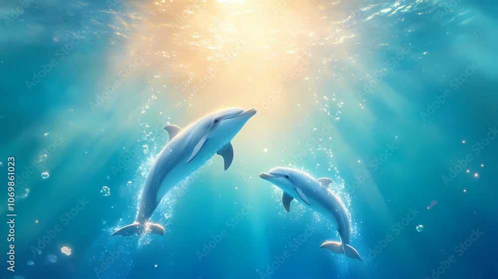 Fototapeta premium A heartwarming underwater shot of a dolphin mother and her calf swimming closely together, with the calf mimicking the mother’s movements. The scene is lit with gentle, filtered sunlight that adds war
