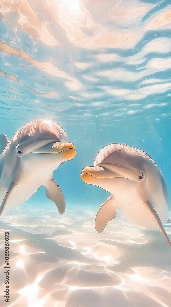 Fototapeta premium A heartwarming underwater shot of a dolphin mother and her calf swimming closely together, with the calf mimicking the mother’s movements. The scene is lit with gentle, filtered sunlight that adds war